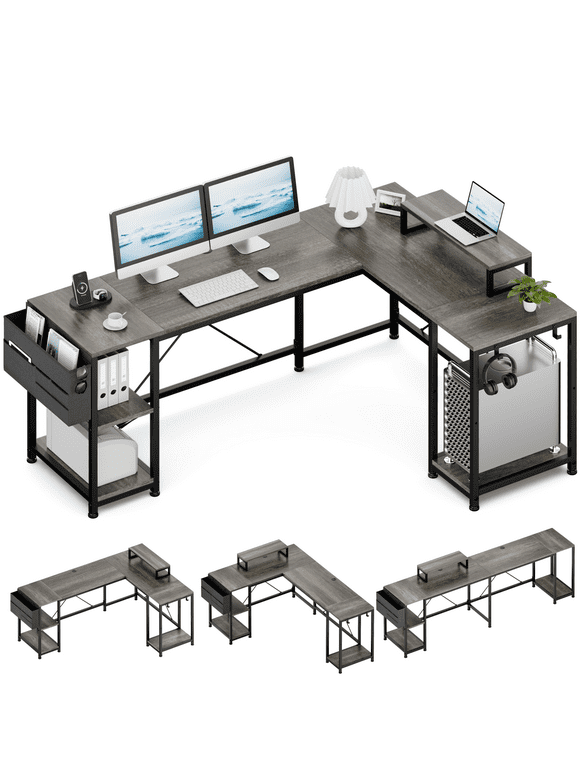 GIKPAL 95" Reversible Computer Desk, L Shaped Desk Office Desk with 3 Shelves/ Monitor Stand/ Storage Bag/ Hooks for Home Office, Grey