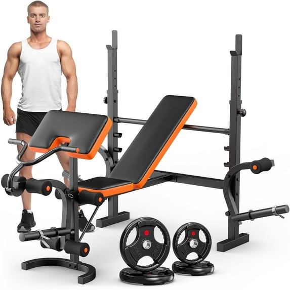 GIKPAL 6-in-1 Multi-Purpose Adjustable Weight Bench Workout Bench Set with 70lb(10lb*2+25lb*2) Weight Plates