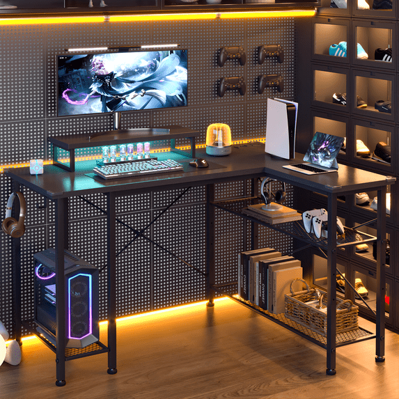 GIKPAL Adult Collection Power Outlet and Monitor Stand L Shape Gaming Desk, Black
