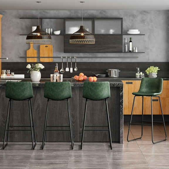GIKPAL Bar Stools 30" Faux Leather Counter Set of 6, Height Barstools with Back & Metal Legs and Footrest, Armless Chairs with Back for Kitchen, Living Room, Pub, Green