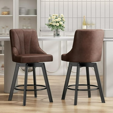 GIKPAL Bar Stools with Backs Set of 2, 24" Counter Height Bar Stools, PU Upholstered Swivel Bar Stools with Solid Wood Legs for Kitchen, Home Bar, Brown