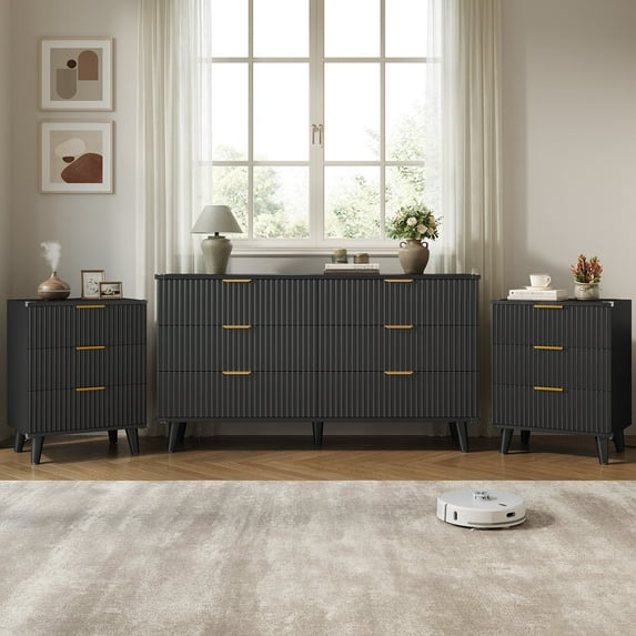 GIKPAL Bedroom Dresser and Nightstand 3 Piece Set - Includes Boho Double 6 Drawer Storage Dresser, Nightstand Set of 2 with Charging Station, Modern Bedroom Set, Black