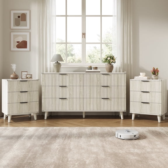 GIKPAL Bedroom Dresser and Nightstand 3 Piece Set - Includes Boho Double 6 Drawer Storage Dresser, Nightstand Set of 2 with Charging Station, Modern Bedroom Set, White Oak