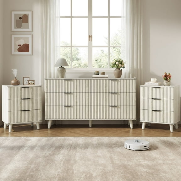 GIKPAL Bedroom Dresser and Nightstand 3 Piece Set - Includes Boho Double 6 Drawer Storage Dresser, Nightstand Set of 2 with Charging Station, Modern Bedroom Set, White Oak