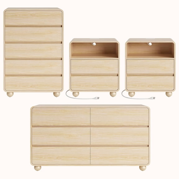 GIKPAL Bedroom Furniture Set of 4, Includes 6 Drawer Dresser, 5 Drawer Dresser, Nightstand Set of 2 with Charging Station, Modern Wood Dresser and Nightstand Sets, Natural