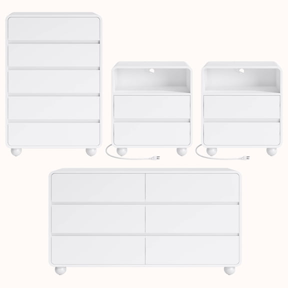 GIKPAL Bedroom Furniture Set of 4, Includes 6 Drawer Dresser, 5 Drawer Dresser, Nightstand Set of 2 with Charging Station, Modern Wood Dresser and Nightstand Sets, White
