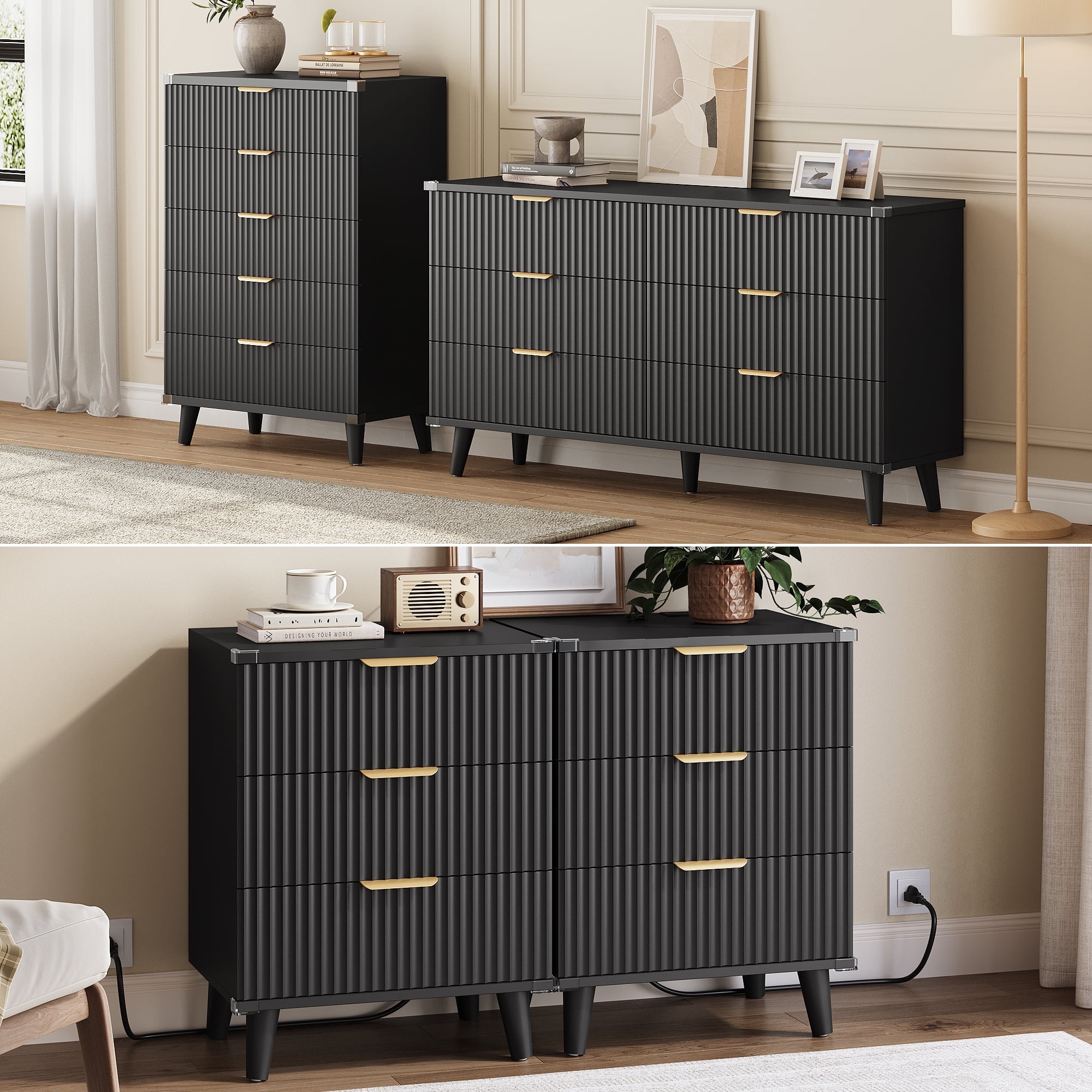 slim fit dress slacks Black & Gold Glam Upholstered Bedroom Set (Bed, Dresser & Mirror,  Nightstand) main image 1