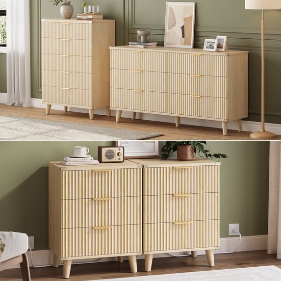 GIKPAL Bedroom Furniture Set - Includes 6 Drawer Dresser & 5 Drawer Dresser & 3 Drawer Nightstand Set of 2 with USB, Boho Dresser and Nightstand Sets, Natural