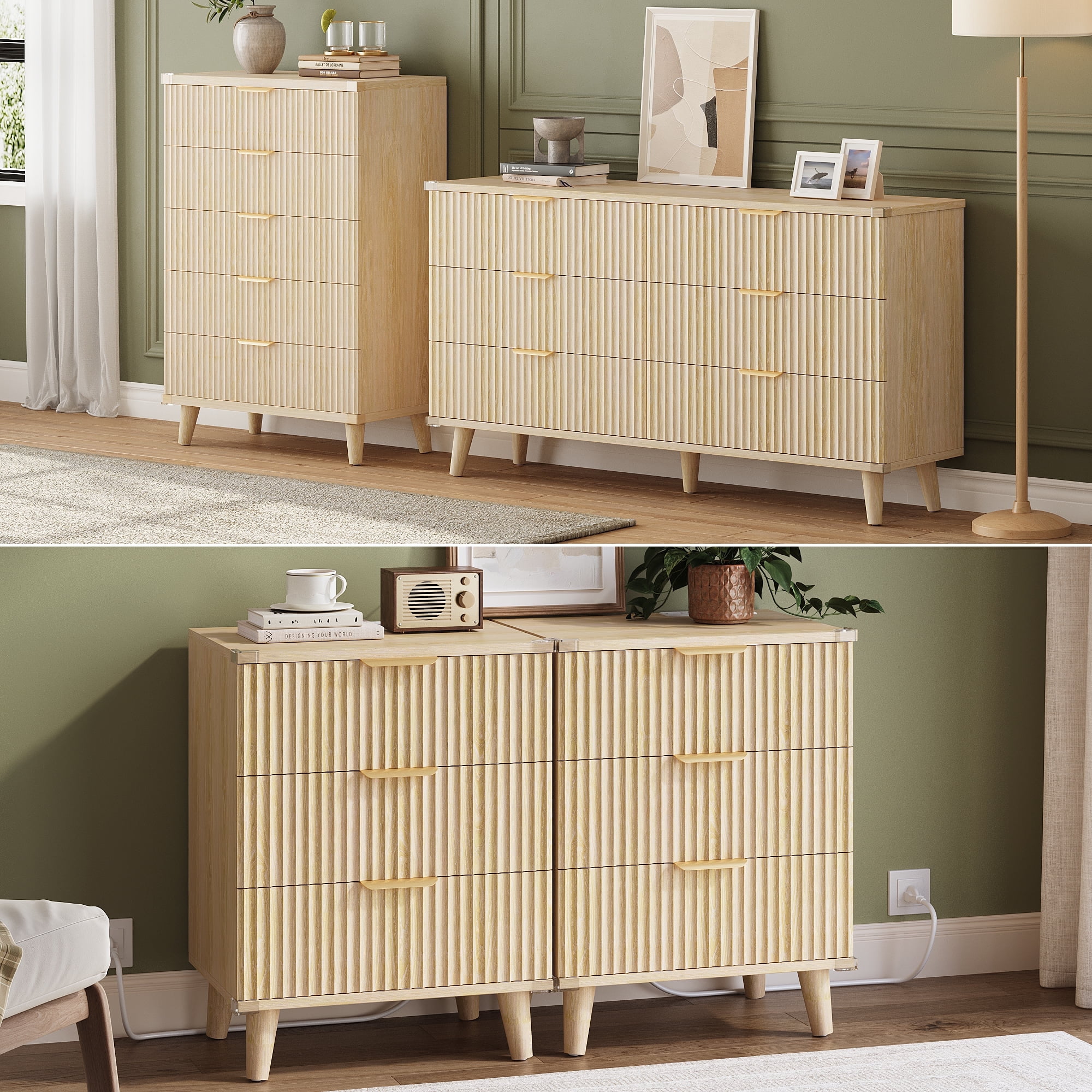 GIKPAL Bedroom Furniture Set - Includes 6 Drawer Dresser & 5 Drawer Dresser  & 3 Drawer Nightstand Set of 2 with USB, Boho Dresser and Nightstand Sets,  Natural - Walmart.com