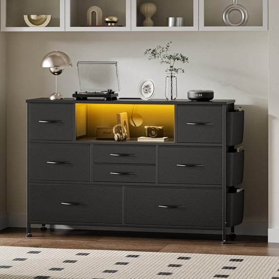 GIKPAL Black Dresser, Chest of Drawers TV Stand with 8 Drawers and LED Lights, Wide Dressers for Bedroom with Power Outlet & Side Pockets Furniture