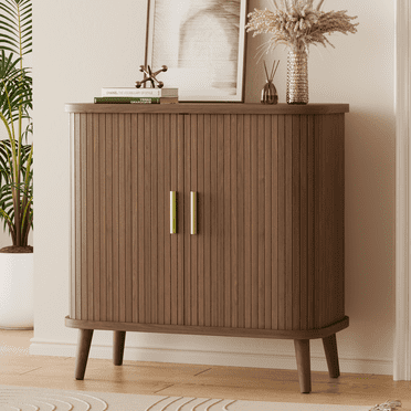 GIKPAL Sideboards and Buffets, Accent Cabinet with Tambour Sliding Doors, Adjustable Shelf for Kitchen Storage, Storage Cabinet for Dining Living Room, Entryway, Walnut