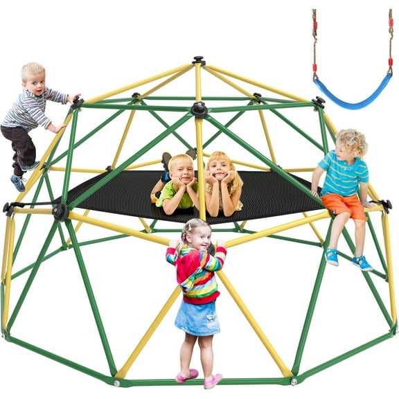 GIKPAL Climbing Dome, 10FT Dome Climber with Hammock for Kids 3 to 10 Outdoor Play Equipment, Supports up to 1000lbs Jungle Gym, Anti-Rust, Easy Assembly, Yellow+Green