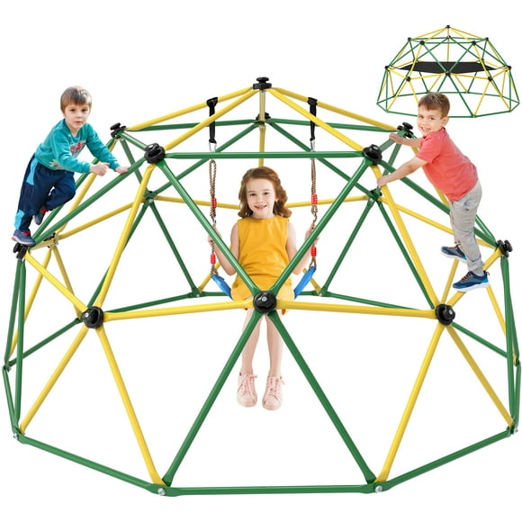 GIKPAL Climbing Dome, 10FT Dome Climber with Hammock for Kids Outdoor Play Equipment, Supports up to 1000lbs Jungle Gym, Anti-Rust, Easy Assembly,Yellow+Green