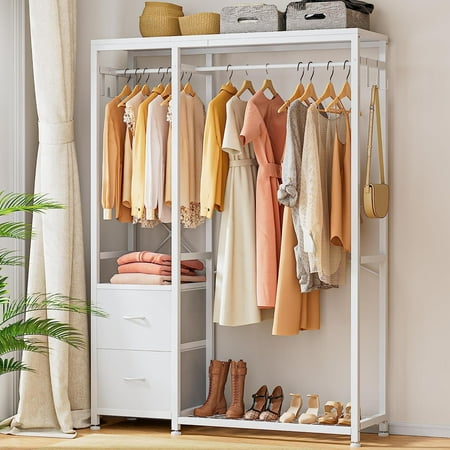GIKPAL Clothes Rack, 72.8'' Heavy Duty Garment Rack for Clothing Storage with Shelves Clothing Rack with 2 Drawers, 4 Hooks, 2 Hanging Rods Freestanding Closet Organizer, White