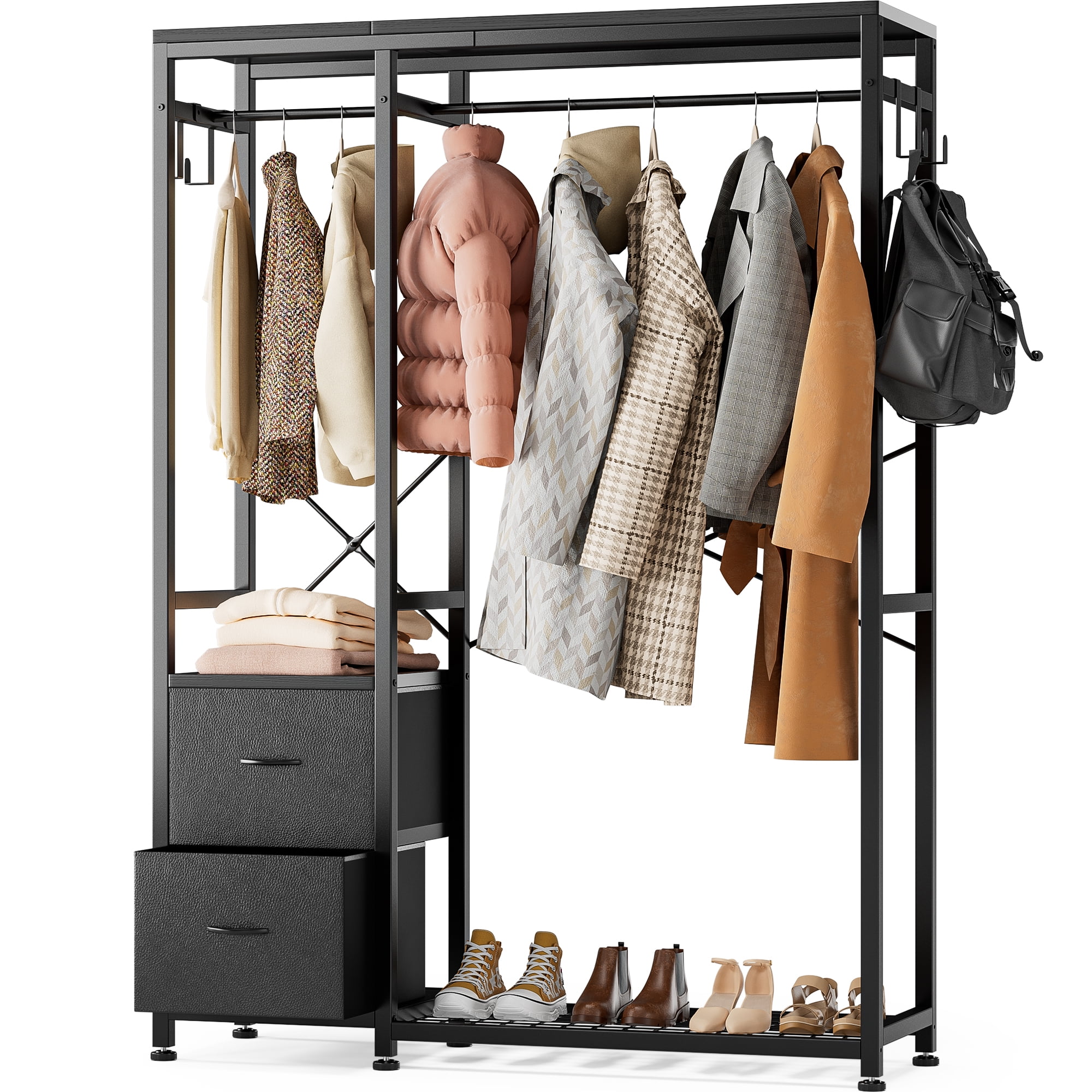  Lulive Clothes Rack, Heavy Duty Garment Rack for Hanging Clothes,  Industrial Clothing Racks with Shelves, 2 Fabric Drawers, 4 Hooks, 2 Hanging  Rods, Freestanding Closet Organizer (Modern) : Home & Kitchen