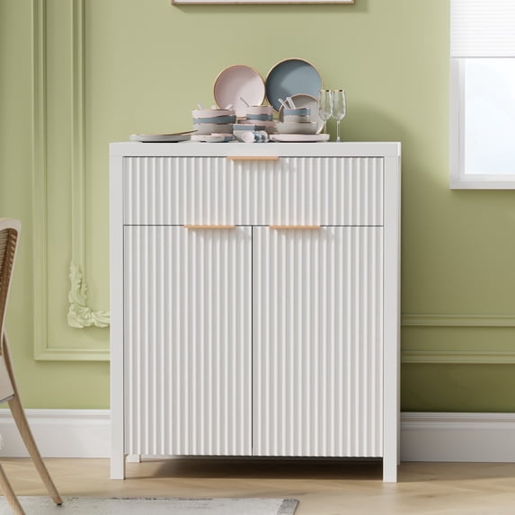 GIKPAL Buffet Cabinet with Storage, Fluted Kitchen Sideboard with Adjustable Shelf and Doors, Modern Boho Accent Cabinet with Drawer for Dining Living Room Furniture, White