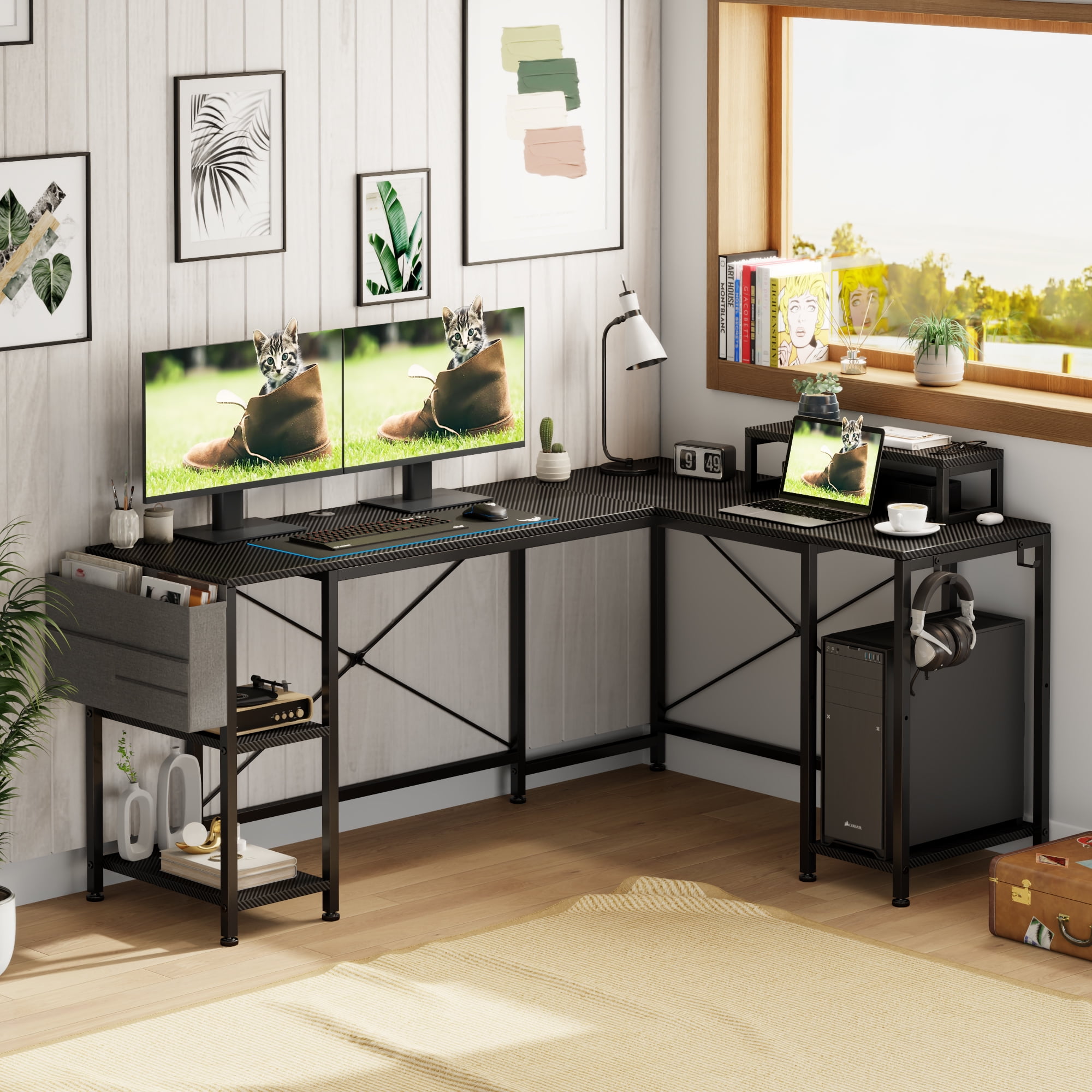 GIKPAL L Shaped Desk, Reversible Corner Computer Desk with Monitor