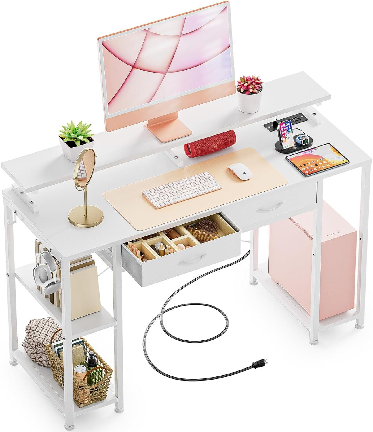 GIKPAL Computer Desk,Home Office Desk with Storage Shelves and Power