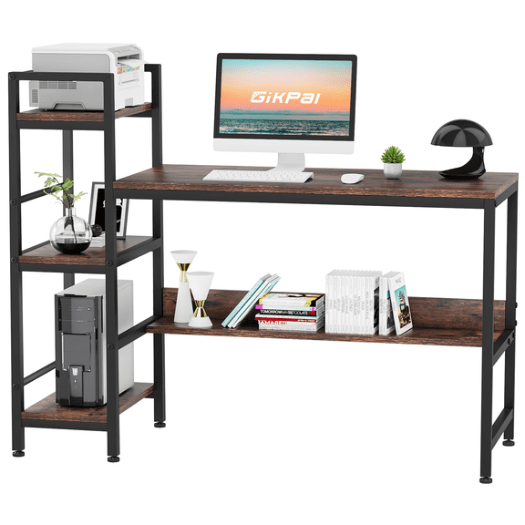 GIKPAL Computer Desk with Shelves, 55 Inch Home Office Desk with Reversible Storage Bookshelf Study Work Writing Table for Small Spaces Corner Desk, Rustic Brown
