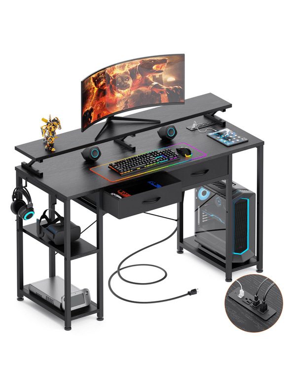 GIKPAL Computer Desk with Drawers, 47 Inch Gaming Desk with Reversible Storage Bookshelf Writing Desk for Home Office, Black
