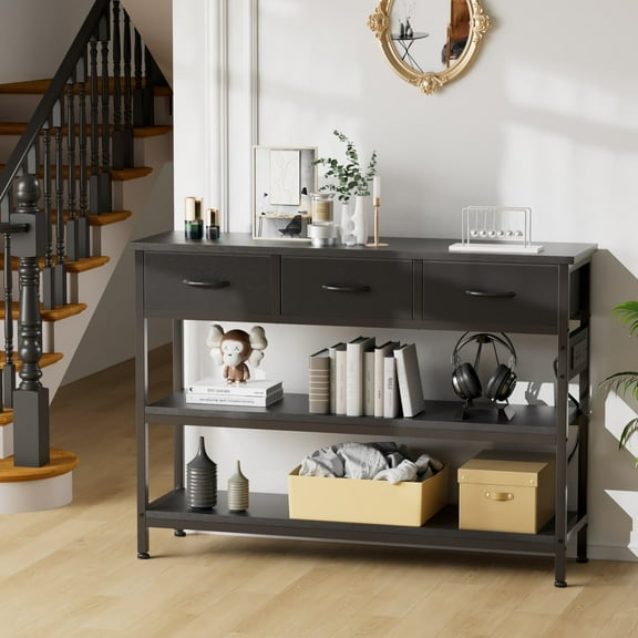 GIKPAL Console Table with Power Outlet,43.3" L Narrow Sofa Table with Fabric Drawers, Entryway Table Behind Couch Table for Entryway, Hallway, Foyer, Living Room, Bedroom, Black