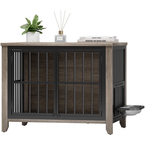 GIKPAL Dog Crate Furniture with 2 Adjustable Bowls, 32" Dog Cage Kennels for Inside with Lockable Doors, Heavy Duty Pet House End Table for Small Medium Dogs, Gray