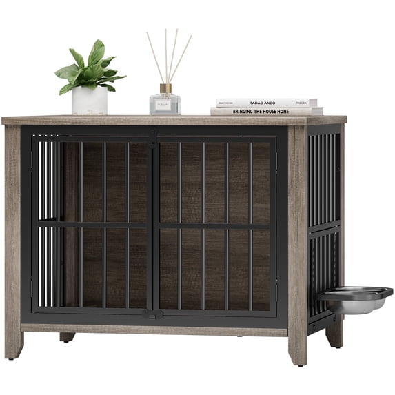 GIKPAL Dog Crate Furniture with 2 Adjustable Bowls, 32" Dog Cage Kennels for Inside with Lockable Doors, Heavy Duty Pet House End Table for Small Medium Dogs, Gray