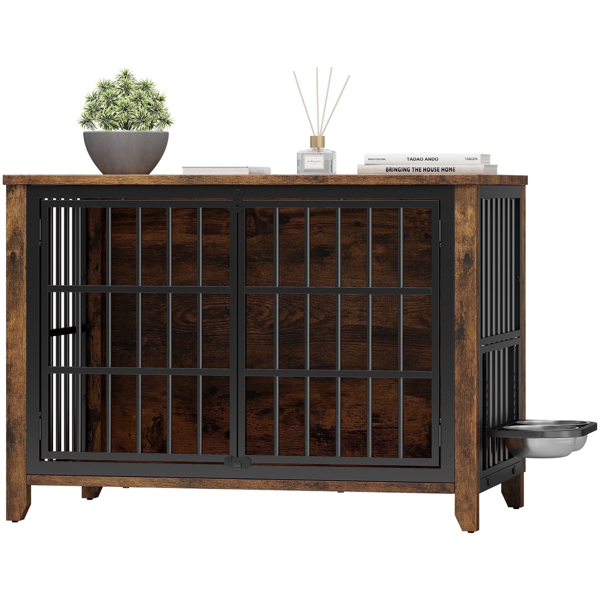 GIKPAL Dog Crate Furniture with 2 Adjustable Bowls, 38" Dog Crates and Kennels with Lockable Doors, Dog Cage for Large Dogs, Brown