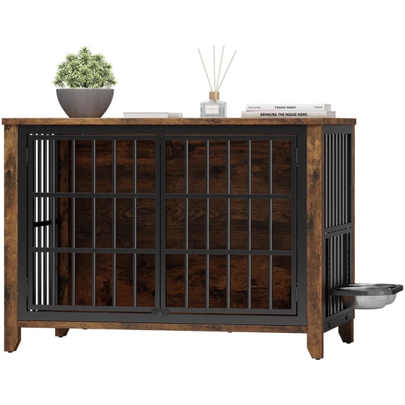 GIKPAL Dog Crate Furniture with 2 Adjustable Bowls, 38" Dog Crates and Kennels with Lockable Doors, Dog Cage for Large Dogs, Brown