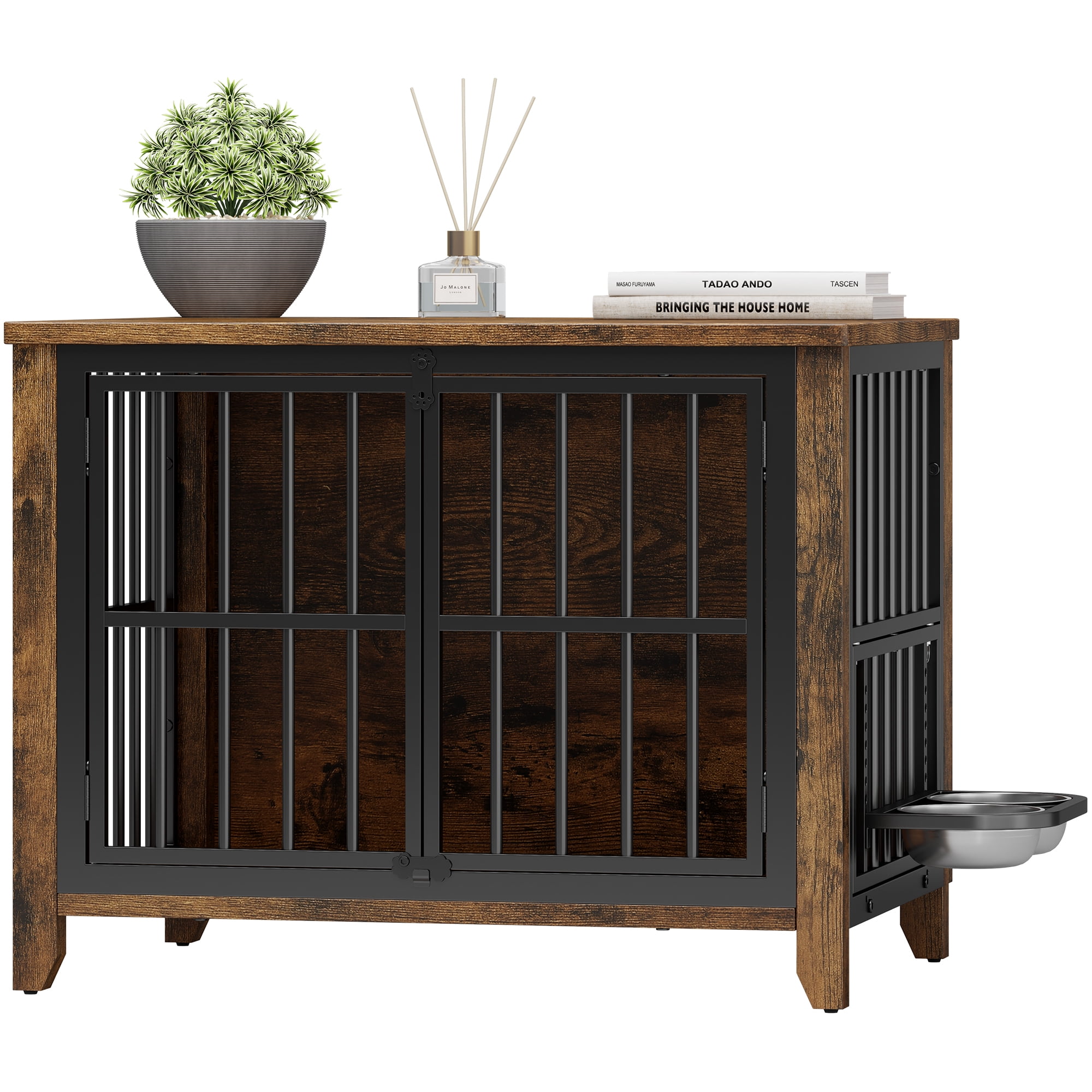 GIKPAL Dog Crate Furniture with 2 Adjustable Dog Bowls, Dog Kennel Indoor with Lockable Doors, 32" Pet Carrier House for Medium, Brown