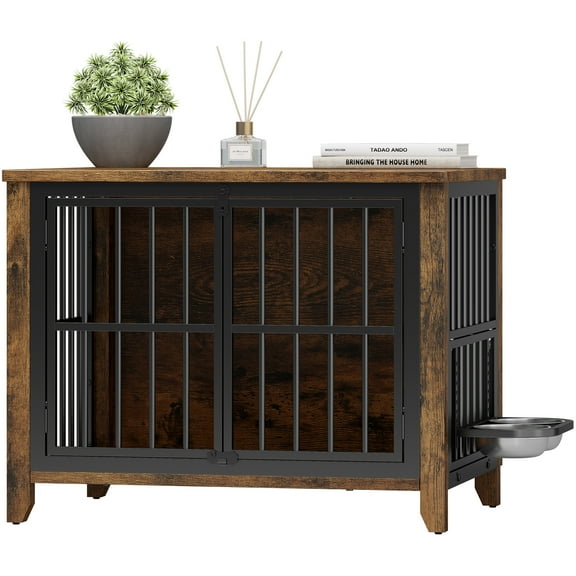 GIKPAL Dog Crate Furniture with 2 Adjustable Dog Bowls, Dog Kennel Indoor with Lockable Doors, 32" Pet Carrier House for Medium, Brown