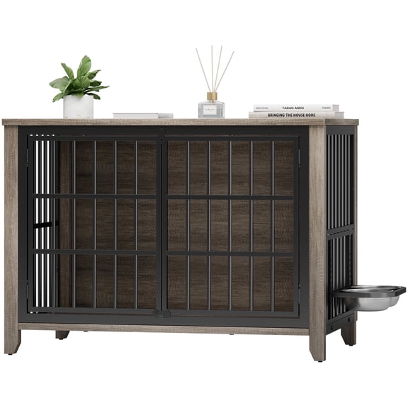 GIKPAL Dog Crate with Adjustable Dog Bowls, 38" Dog Cage Furniture with Lockable Doors, Pet Kennel Indoor for Large Dogs, Gray