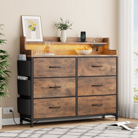 GIKPAL Dresser for Bedroom 6 Drawers - Fabric Dressers for Bedroom with LED Light & Charging Station - Chest of Drawers for Living Room Hallway Closet, Brown