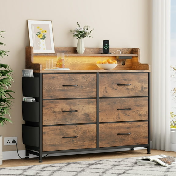 GIKPAL Dresser for Bedroom 6 Drawers - Fabric Dressers for Bedroom with LED Light & Charging Station - Chest of Drawers for Living Room Hallway Closet, Brown