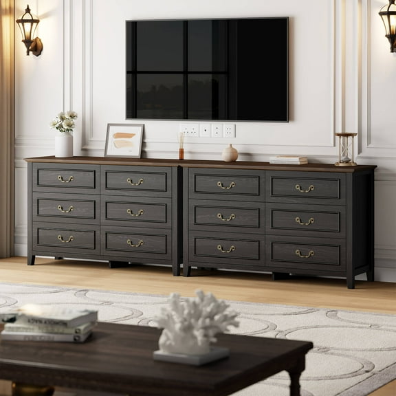 GIKPAL Black Dresser for Bedroom Set of 2, 6 Drawers Wood Dresser with Antique Handles, Farmhouse Rustic Chest of Drawers for Bedroom, Living Room, Entryway & Hallway