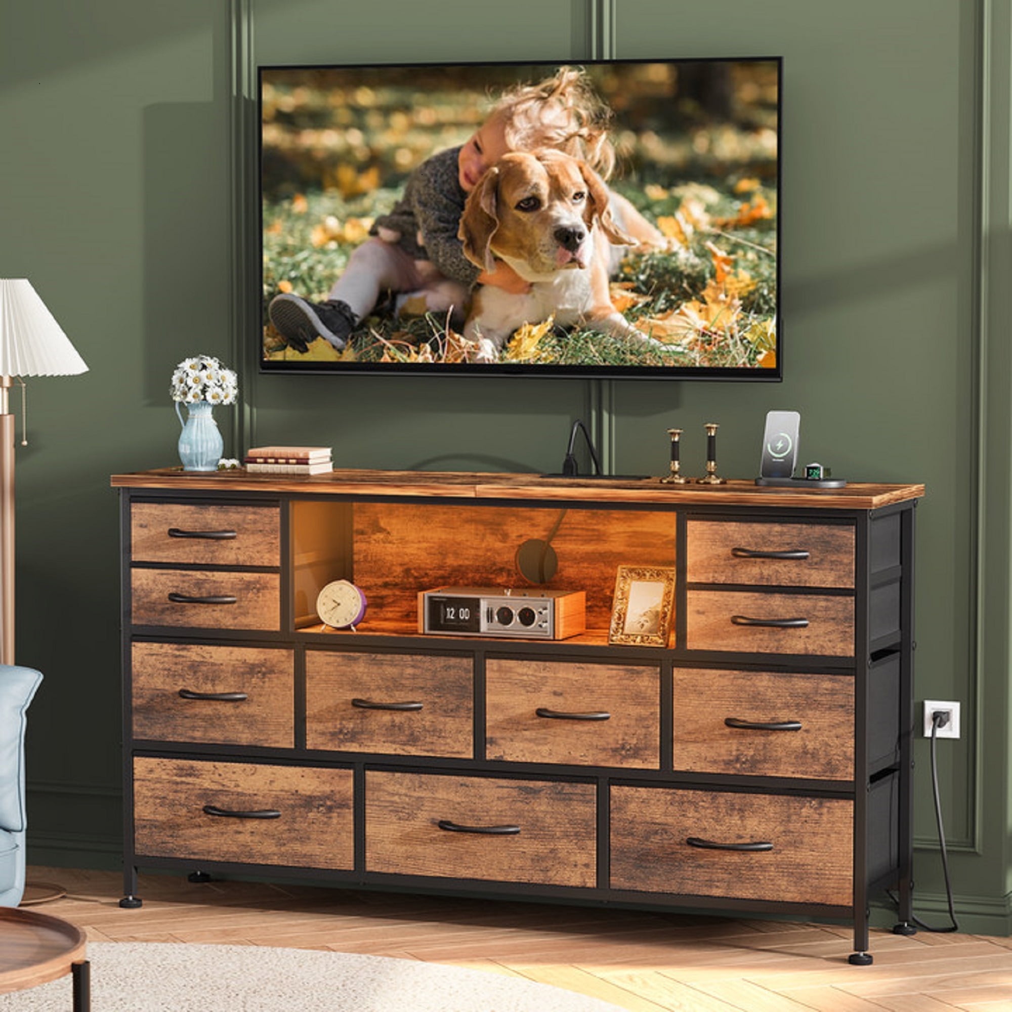 GIKPAL Long Dressers for Bedroom with LED Lights, Dresser TV Stands for 60 inch TV with 11 Brown Drawers and Power Outlets, Fabric Chest of Drawers for Bedroom Furniture, Living Room, All Age_group  (图1)