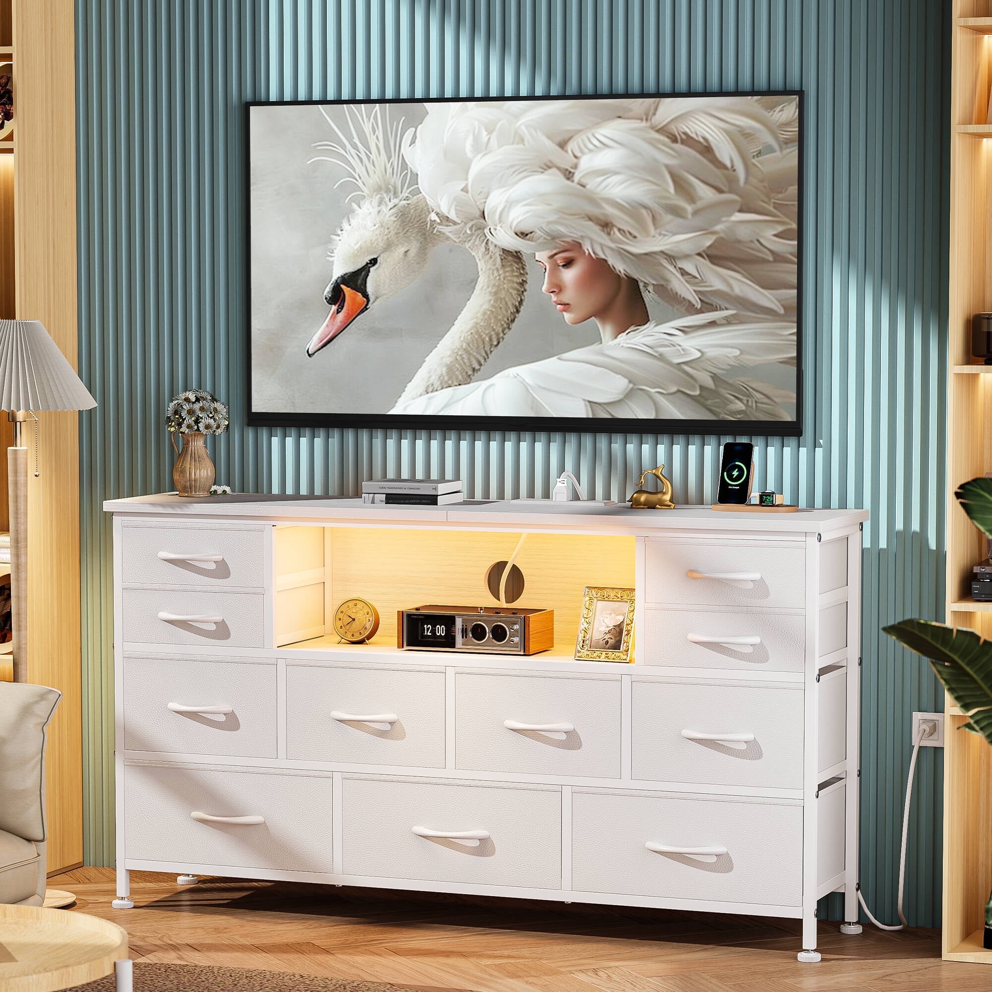 GIKPAL Dresser for Bedroom with LED Lights, White Dresser TV Stands for 55 60 inch TV with 11 Drawers and Power Outlets, Fabric Chest of Drawers for Bedroom Furniture, Living Room, Adults, All_age  (图1)