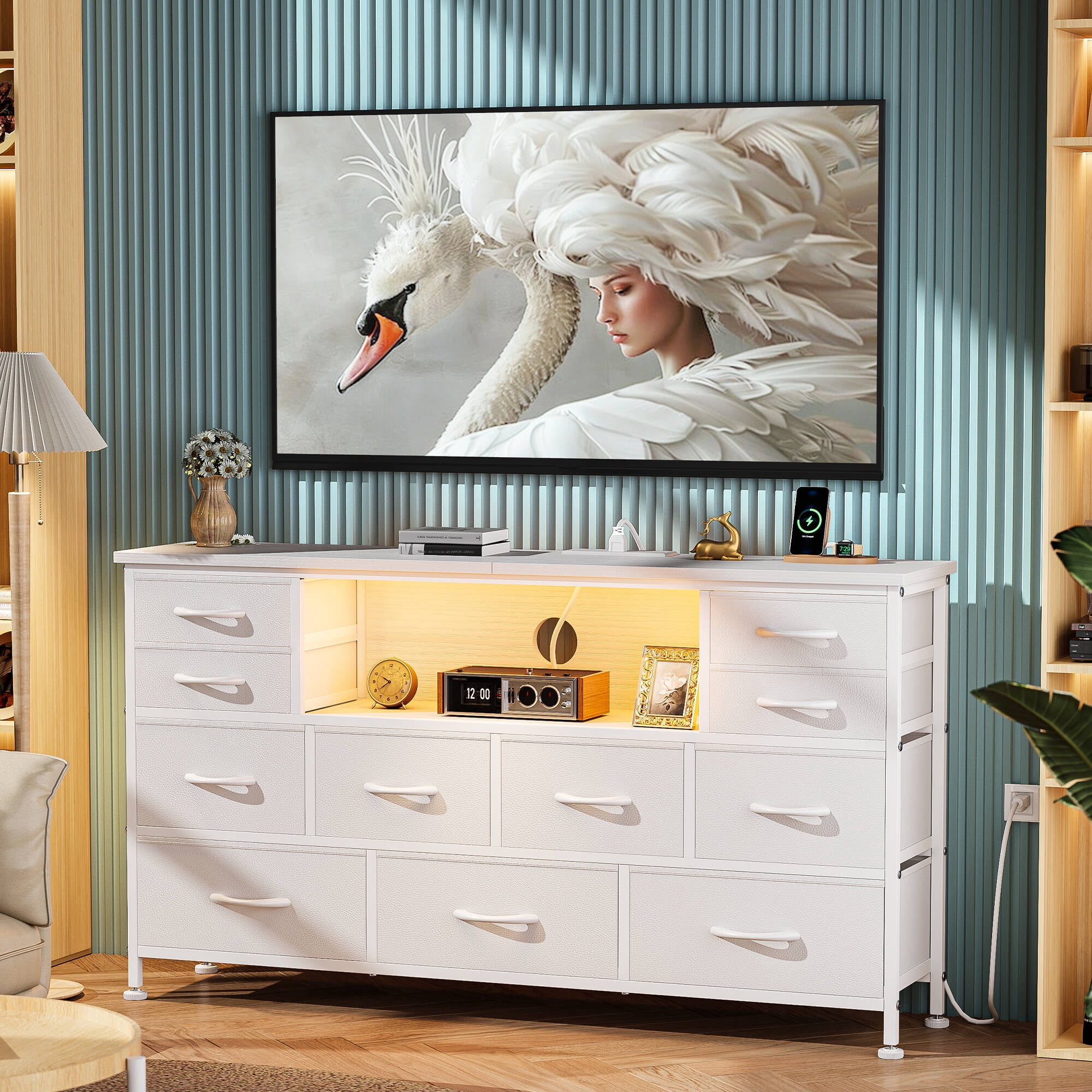 GIKPAL TV Stand Dresser, Chest of Drawers with LED Lights & Power Outlets, White PU Drawer Dresser for 50" 60" Long TV