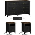 thumbnail image 1 of GIKPAL Dresser and Nightstand 3 Piece Set - Includes Double 6 Drawer Farmhouse Dresser, Nightstand Set of 2 with Charging Station, Vintage Bedroom Set, Black, 1 of 11