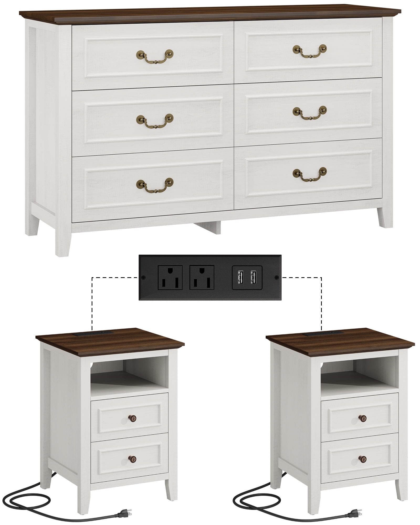 GIKPAL Dresser and Nightstand 3 Piece Set - Includes Double 6 Drawer Farmhouse Dresser, Nightstand Set of 2 with Charging Station, Vintage Bedroom Set, White