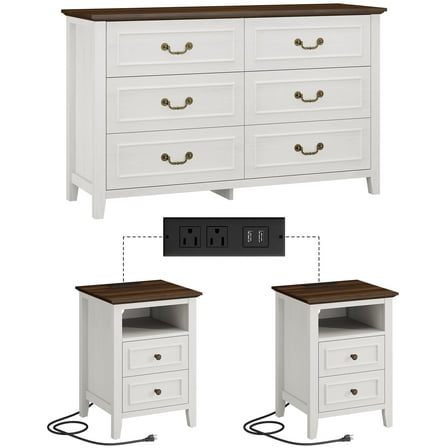 GIKPAL Dresser and Nightstand 3 Piece Set - Includes Double 6 Drawer Farmhouse Dresser, Nightstand Set of 2 with Charging Station, Vintage Bedroom Set, White