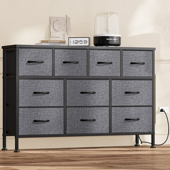 GIKPAL Dresser TV Stand, 10 Drawer Dresser for Bedroom with Power Outlet, Chest of Drawers for 55" Long TV, PU Dresser for Storage and Organization, Gray
