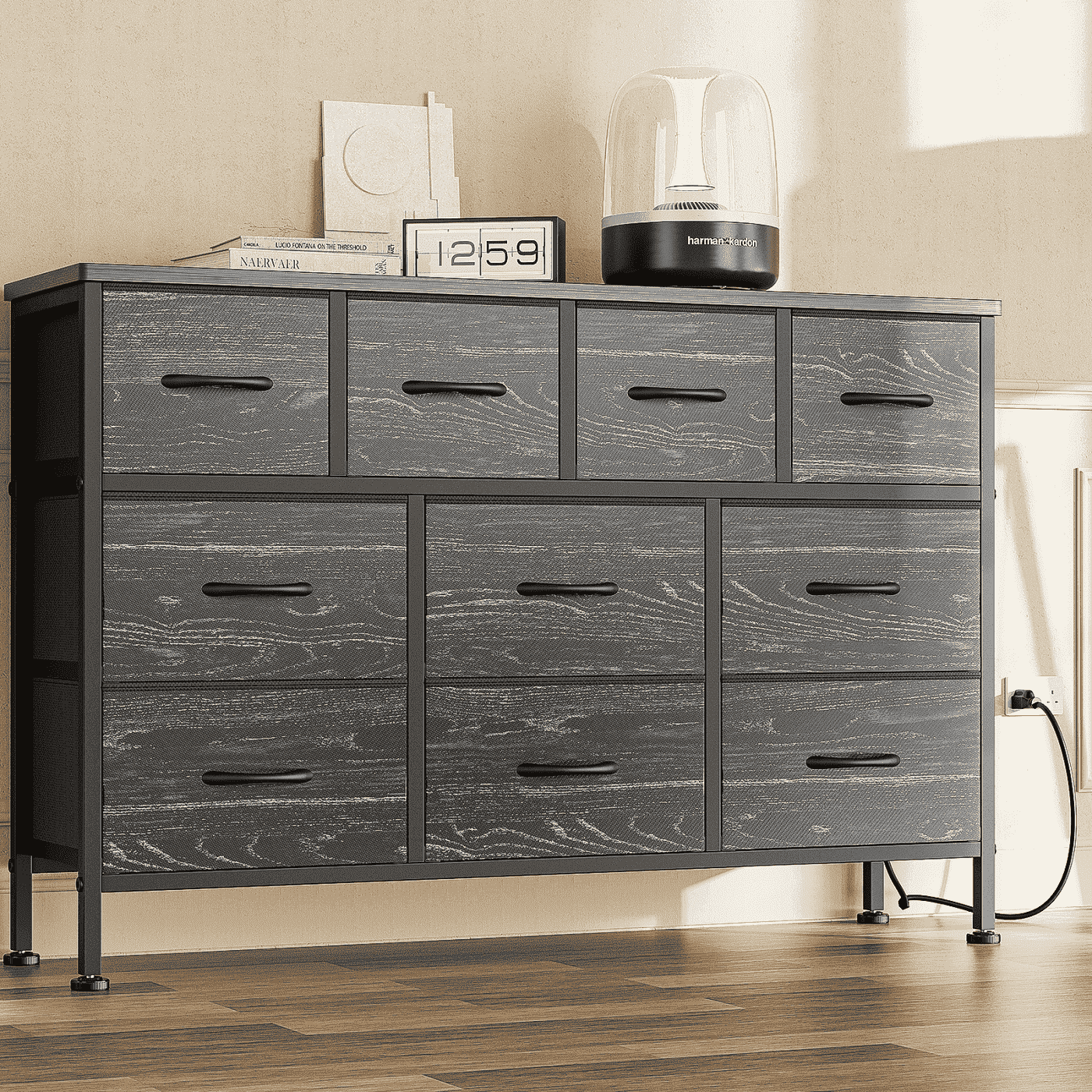 GIKPAL Dresser TV Stand, 10 Drawer Dressers for Bedroom with Power Outlet, Chest of Drawers for 55" Long TV, Fabric Dresser for Storage and Organization, Black