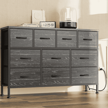 GIKPAL Dresser TV Stand, 10 Drawer Dressers for Bedroom with Power Outlet, Chest of Drawers for 55" Long TV, Fabric Dresser for Storage and Organization, Black