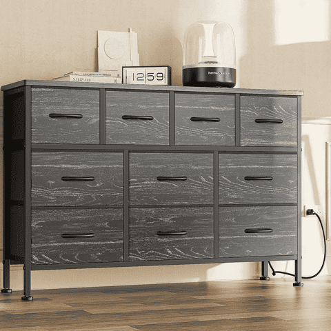 GIKPAL Dresser TV Stand, 10 Drawer Dressers for Bedroom with Power Outlet, Chest of Drawers for 55" Long TV, Fabric Dresser for Storage and Organization, Black