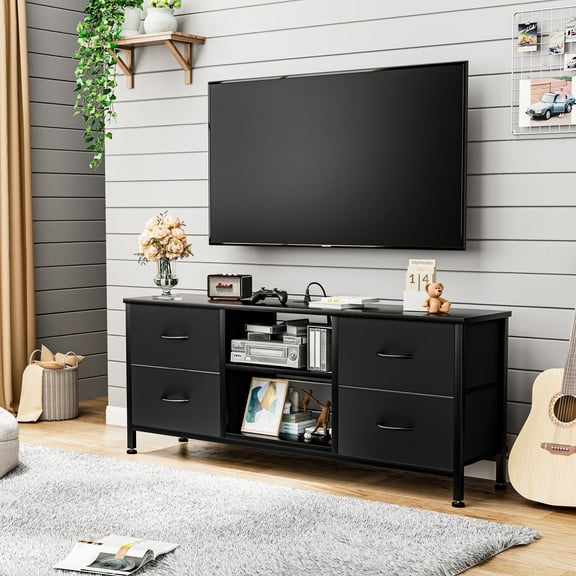 GIKPAL Dresser TV Stand, Black Dressers for Bedroom TV Stand 4 Drawers with Power Outlet for 50" TV Chest of Drawers with Leather Finish for Living Room