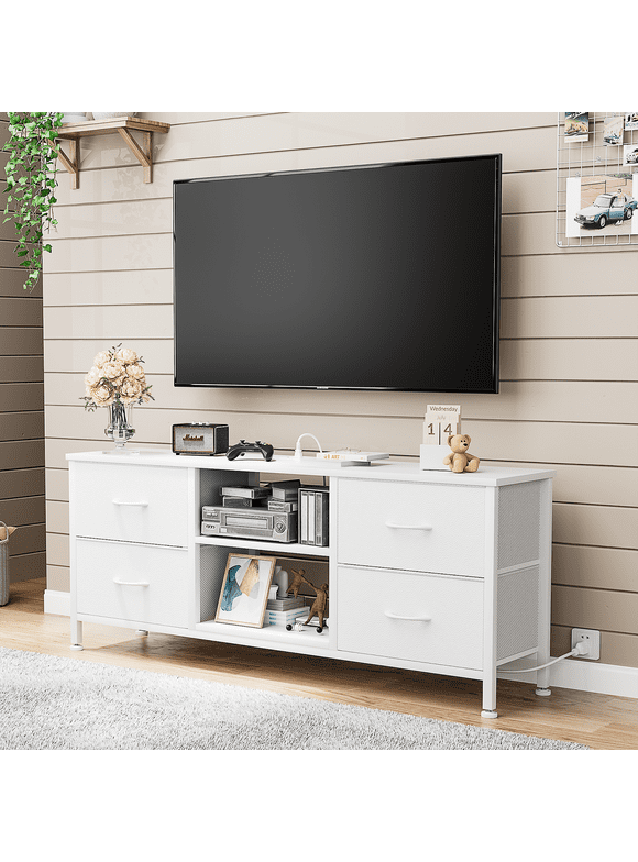 GIKPAL Dresser TV Stand, White Dressers for Bedroom TV Stand 4 Drawers with Power Outlet for 50" TV Chest of Drawers for Living Room
