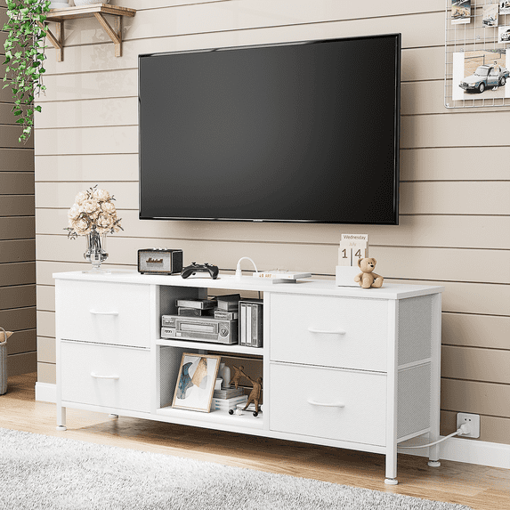GIKPAL Dresser TV Stand, White Dressers for Bedroom TV Stand 4 Drawers with Power Outlet for 50" TV Chest of Drawers for Living Room
