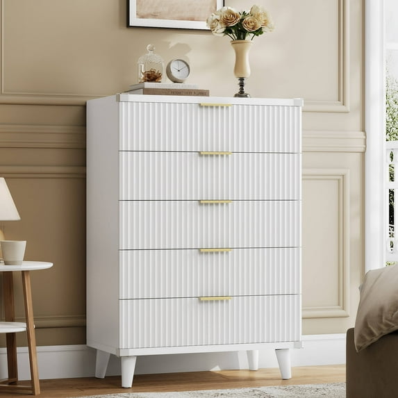 GIKPAL Dresser for Bedroom with 5 Drawer Tall Dresser Chest of Drawers Wooden Dressers Storage for Closet Living Room Hallway, White