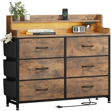 GIKPAL Dresser with LED Lights, Dresser for Bedroom 6 Drawer Fabric Wide Chest Of Drawers Nightstand With Side Pocket Living Room, Brown